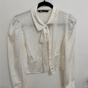 Zara Ivory Tie-Collar Blouse
